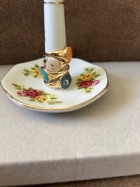 Gold Tone  Rings with Turquoise, Blue, Cream,  Orange Stones Assorted Ring Sizes